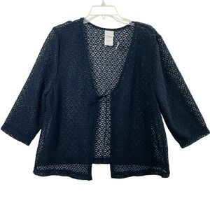 Studio C Plus Cardigan Womens 18/20 Black Open Knit Tie Front 3/4 Sleeve Jacket